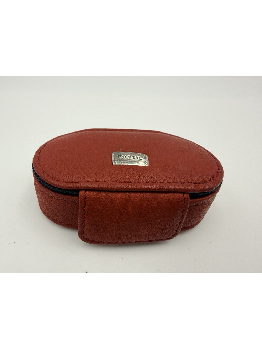 FOSSIL Red Leather Small Contact Case Box Zip Around Travel Compact